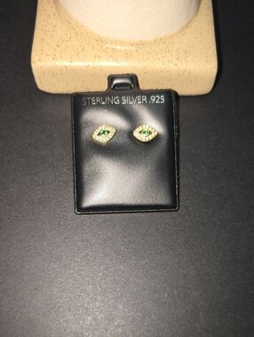 Gold-Tone Sterling Silver Evil Eye Stud Earrings with Green Stone